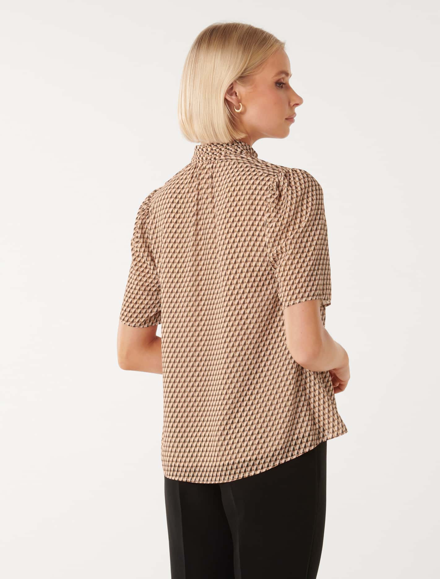 Dana Keyhole Short Sleeve Blouse Camel Tile Geo