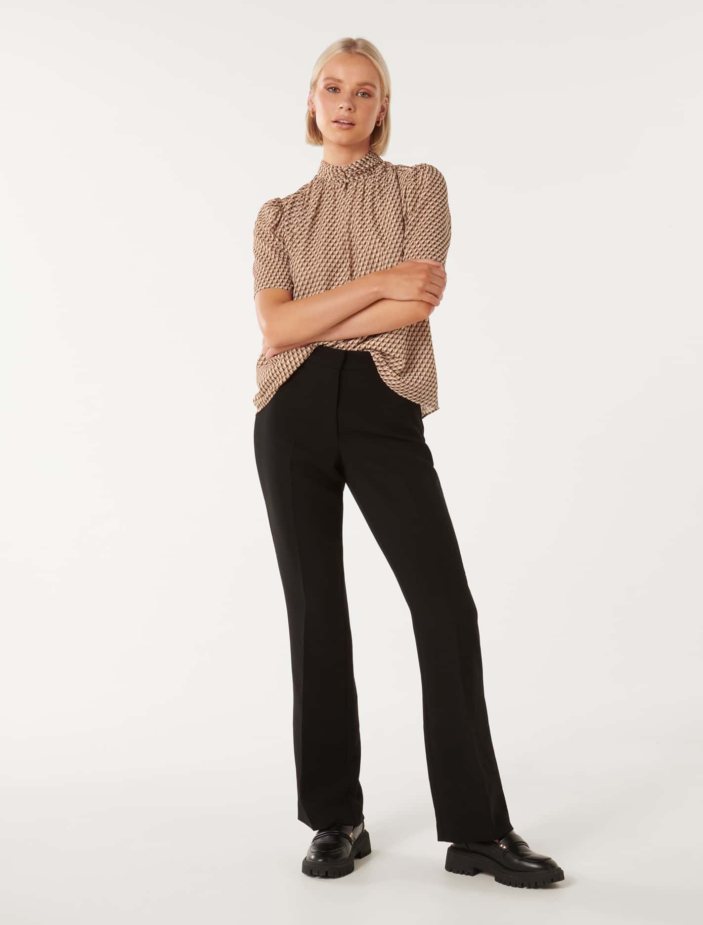 Dana Keyhole Short Sleeve Blouse Camel Tile Geo