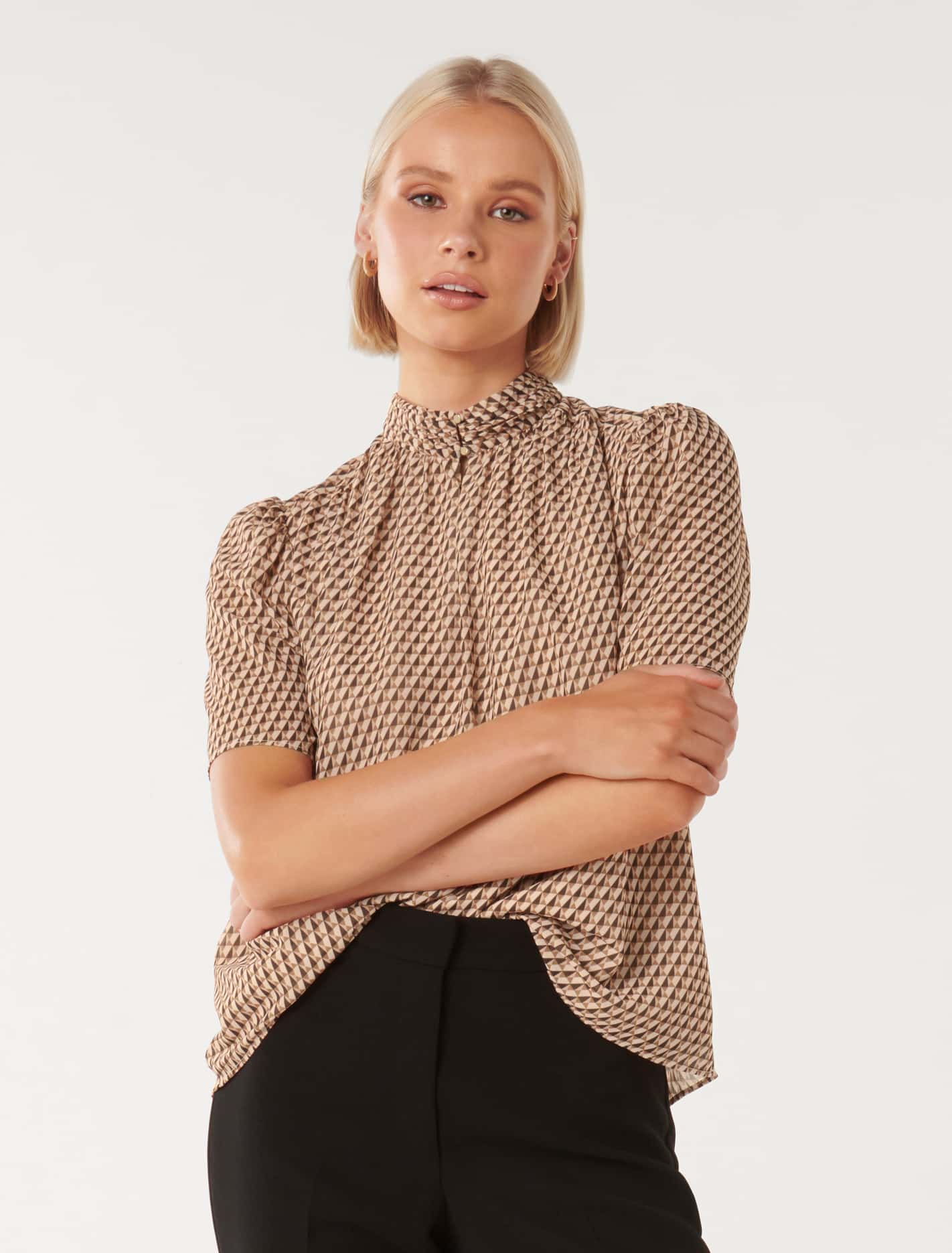 Dana Keyhole Short Sleeve Blouse Camel Tile Geo