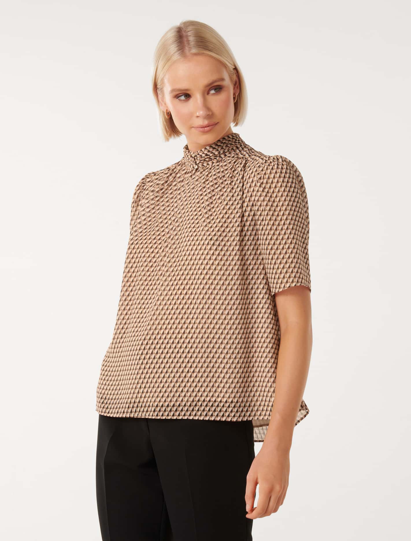 Dana Keyhole Short Sleeve Blouse Camel Tile Geo