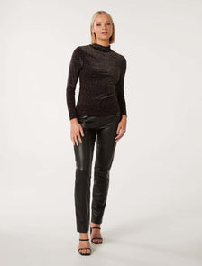 Marina Velvet High Neck Top Black Geo Metallic