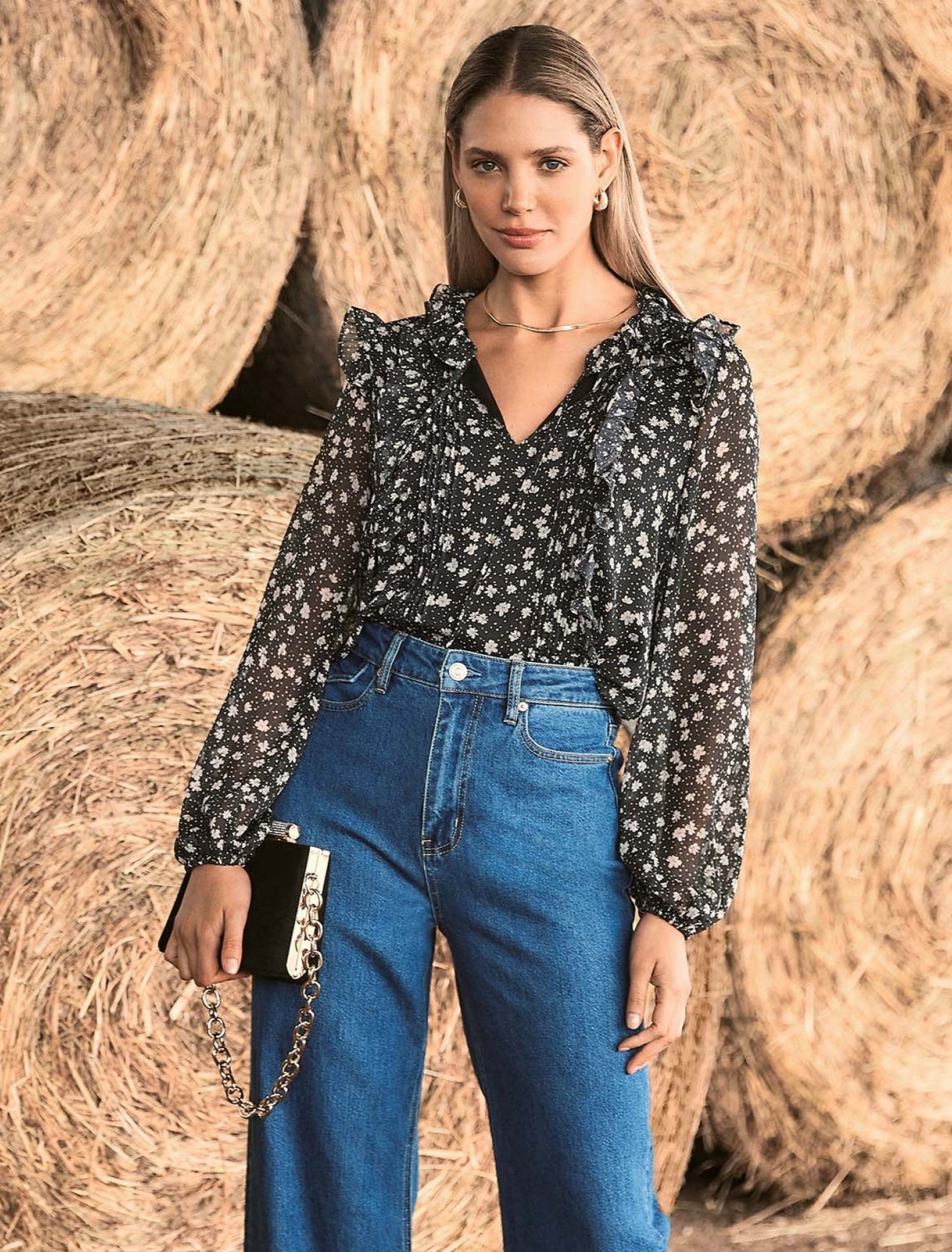 Cody Ruffle Pintuck Blouse Navy Foley Ditsy