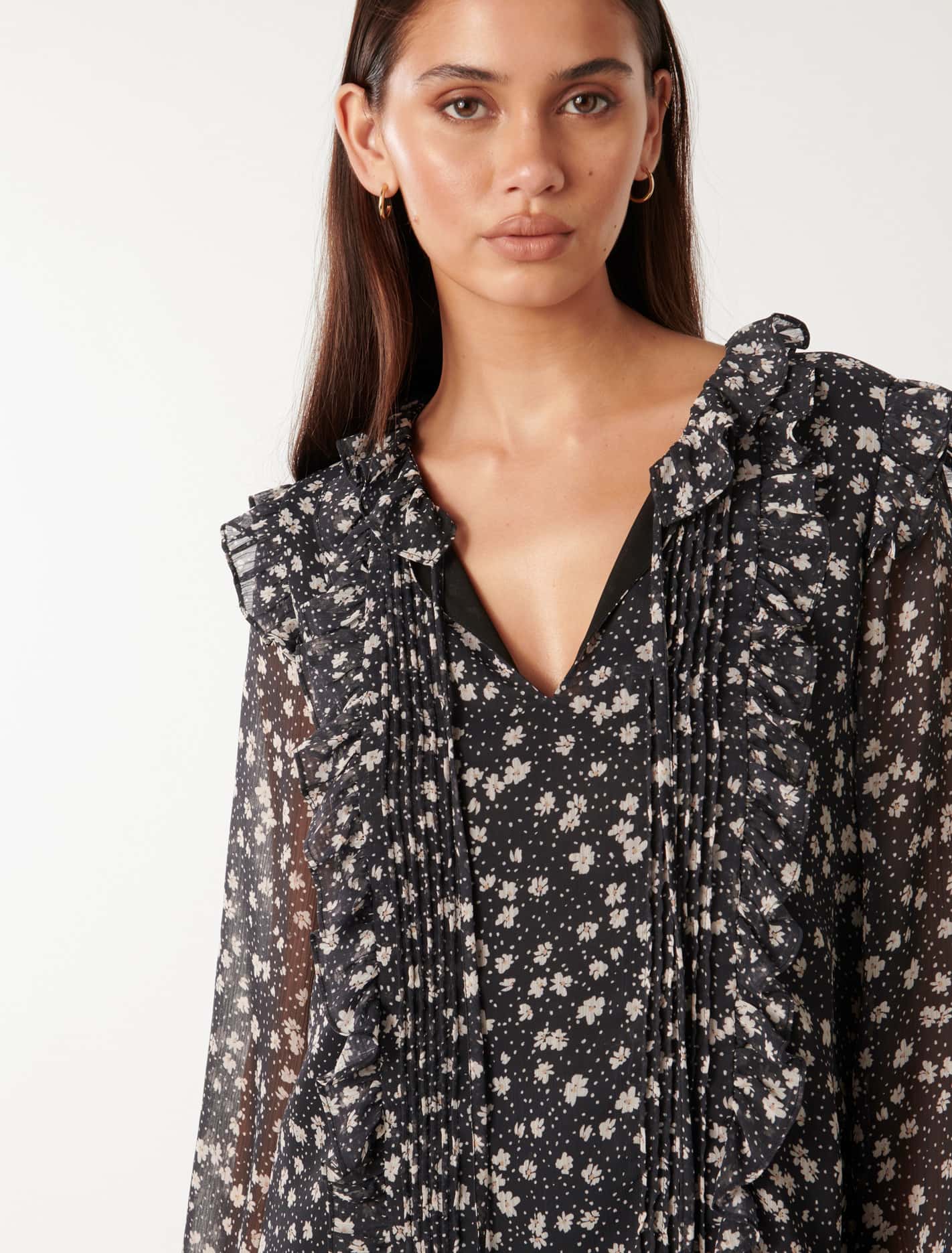 Cody Ruffle Pintuck Blouse Navy Foley Ditsy