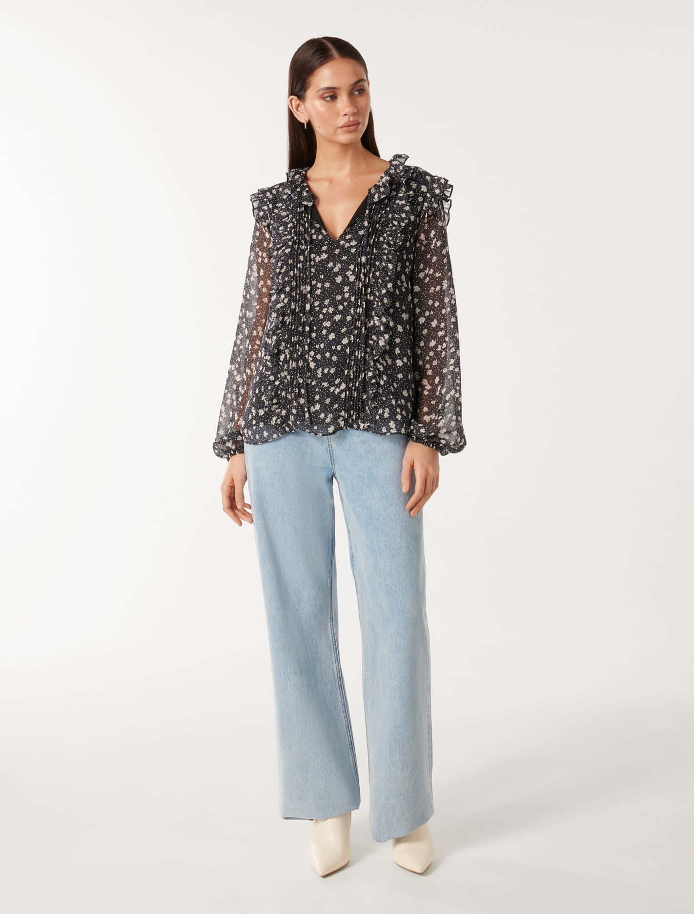Cody Ruffle Pintuck Blouse Navy Foley Ditsy