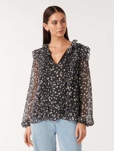 Cody Ruffle Pintuck Blouse Navy Foley Ditsy