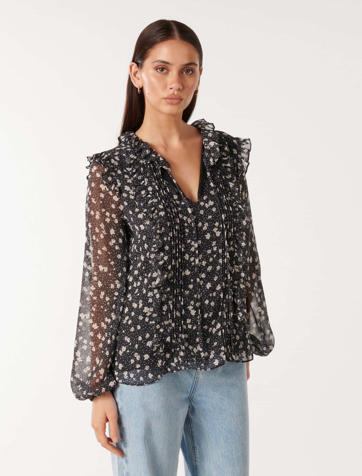 Cody Ruffle Pintuck Blouse Navy Foley Ditsy