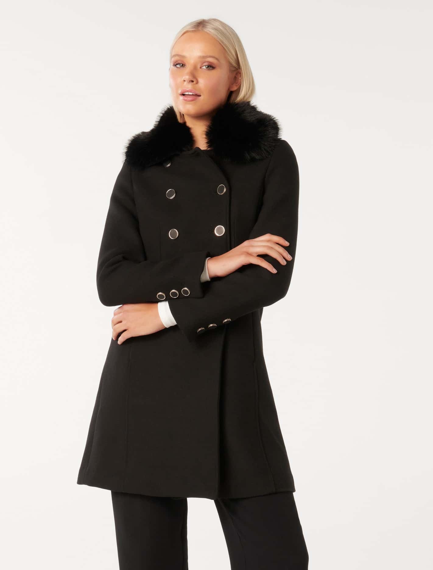 Susie Faux Fur Collar Dolly Coat Black
