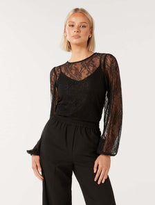 Alexis Round Neck Lace Top Black