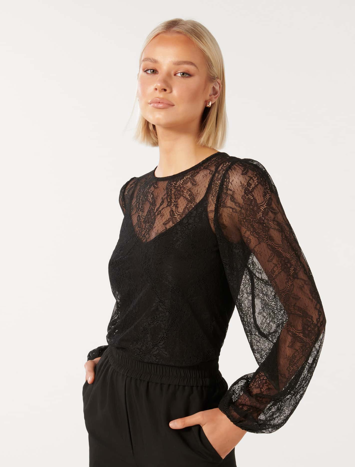 Alexis Round Neck Lace Top Black