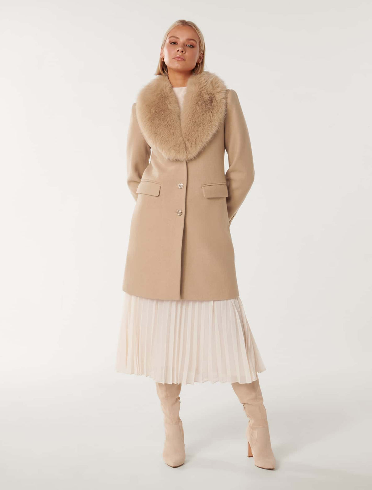 Lucinda Short Fur Collar Coat Camel