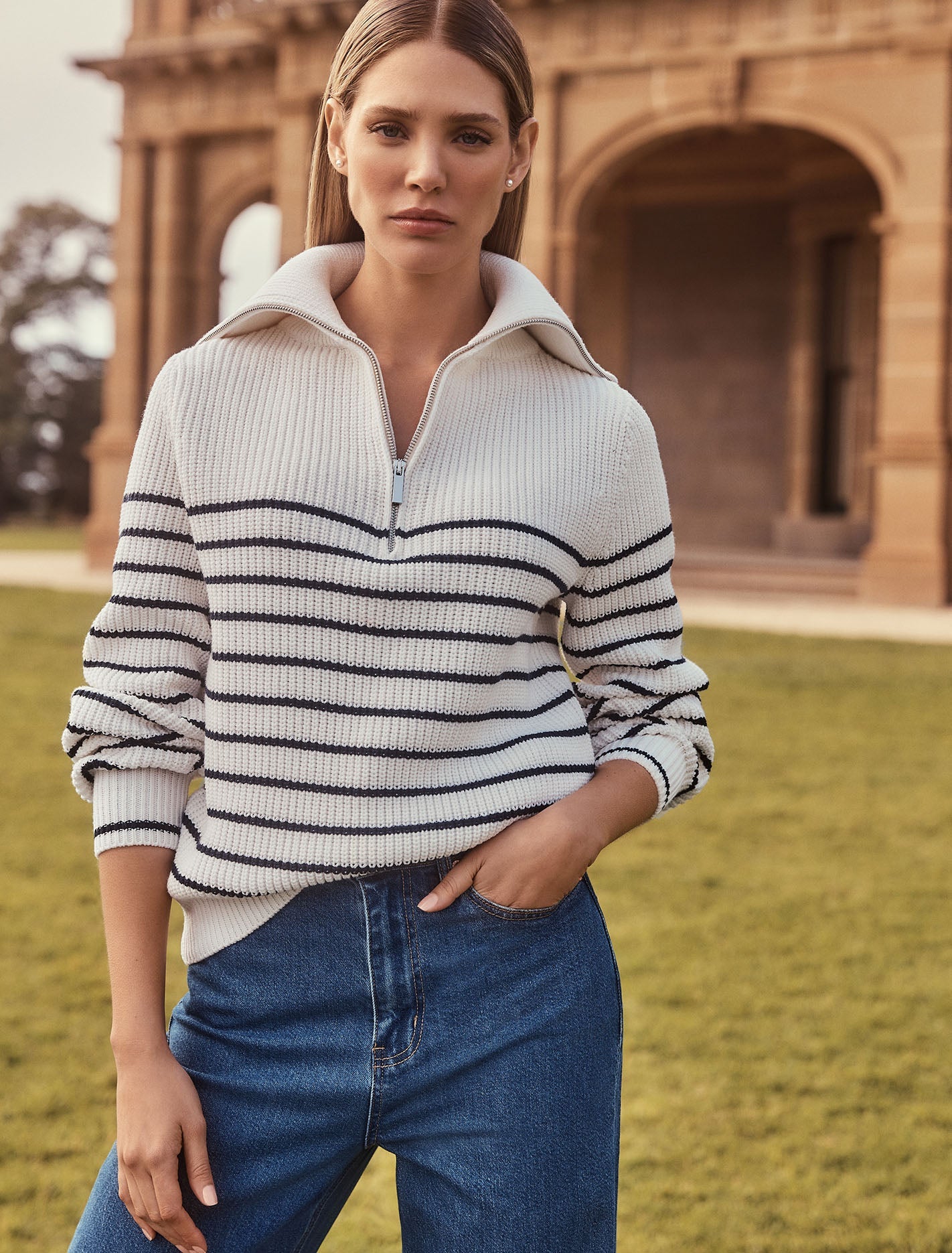 Danielle Quarter Zip Knit Jumper Cream/ Navy Stripe