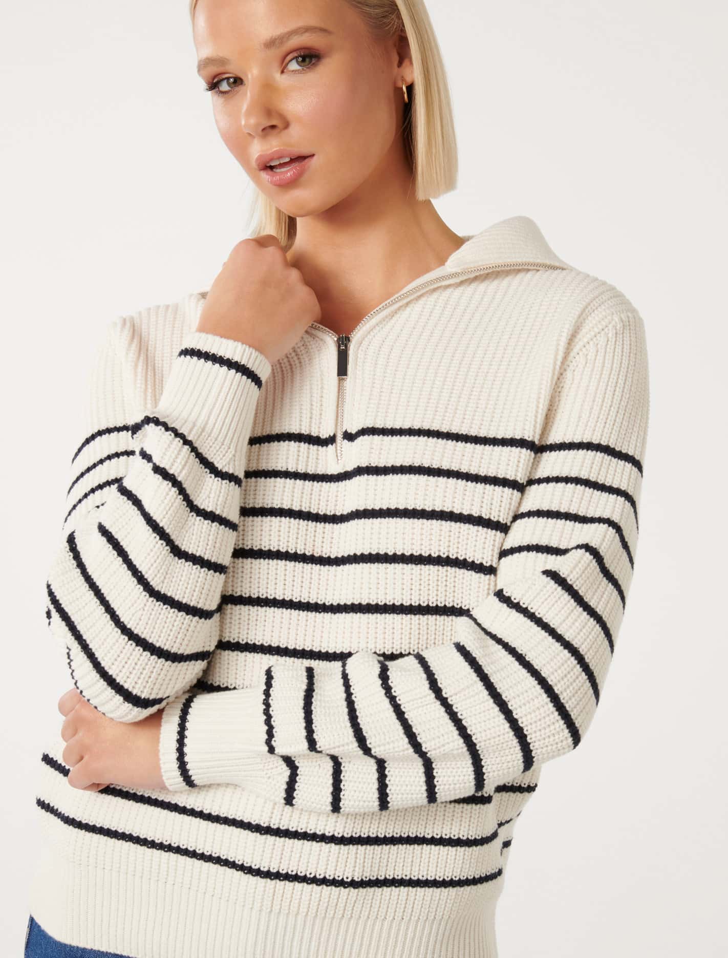 Danielle Quarter Zip Knit Jumper Cream/ Navy Stripe