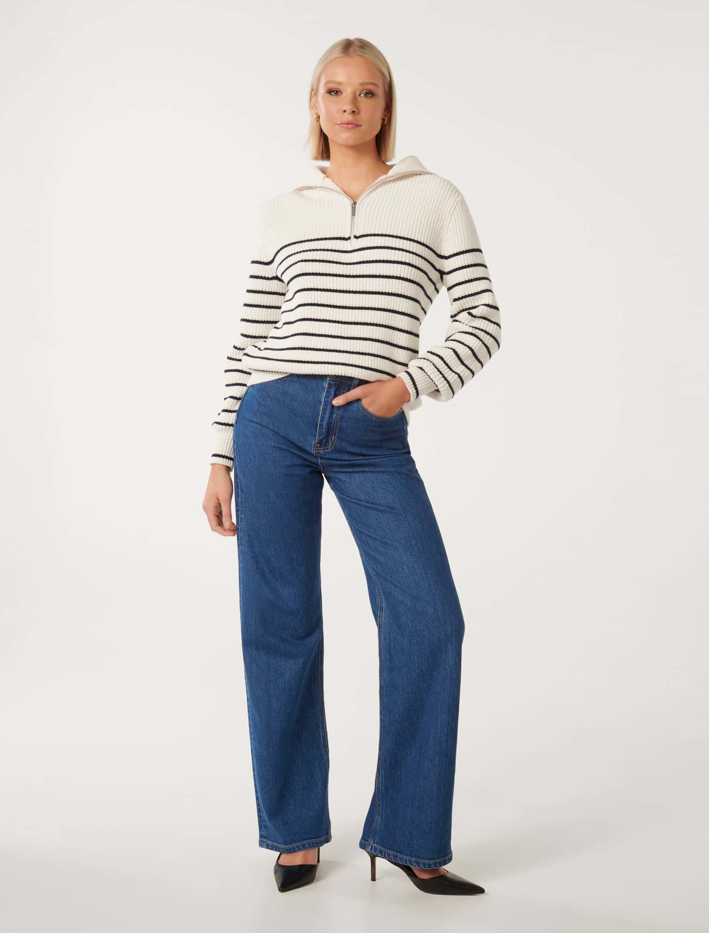 Danielle Quarter Zip Knit Jumper Cream/ Navy Stripe