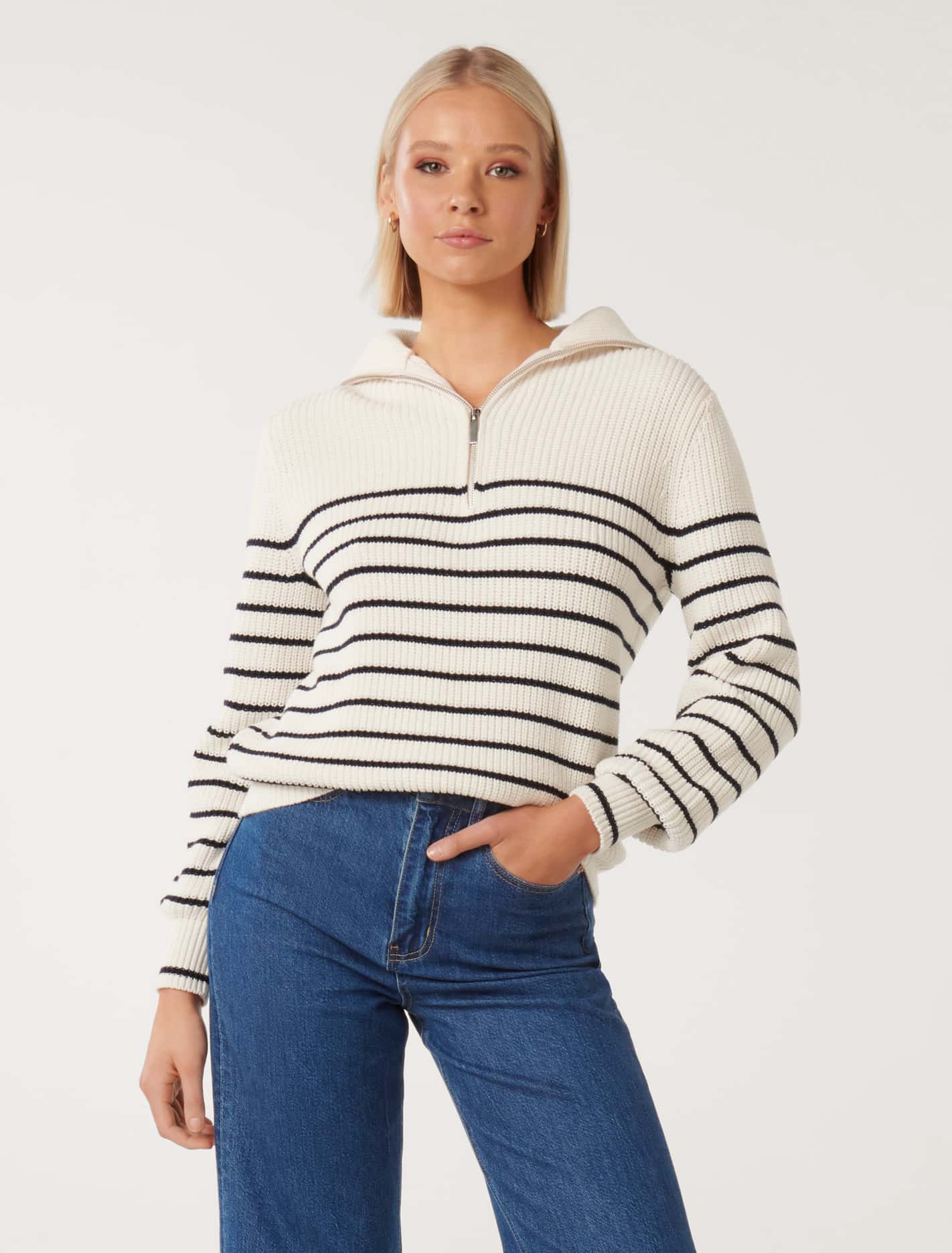 Danielle Quarter Zip Knit Jumper Cream/ Navy Stripe