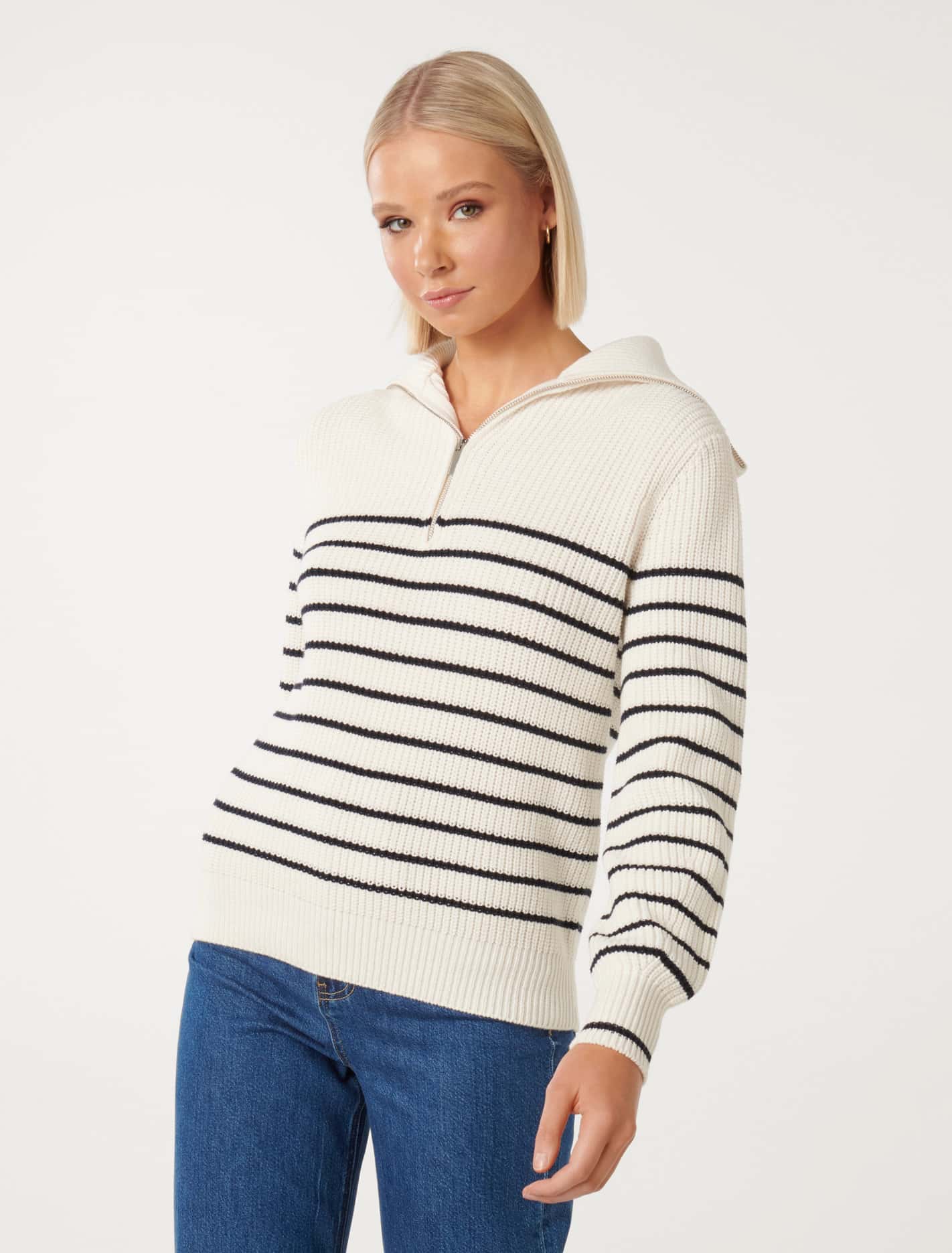 Danielle Quarter Zip Knit Jumper Cream/ Navy Stripe
