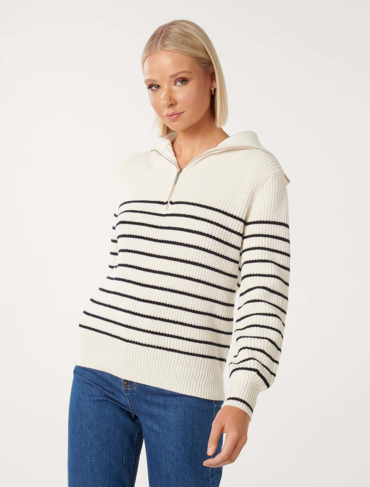 Danielle Quarter Zip Knit Jumper Cream/ Navy Stripe