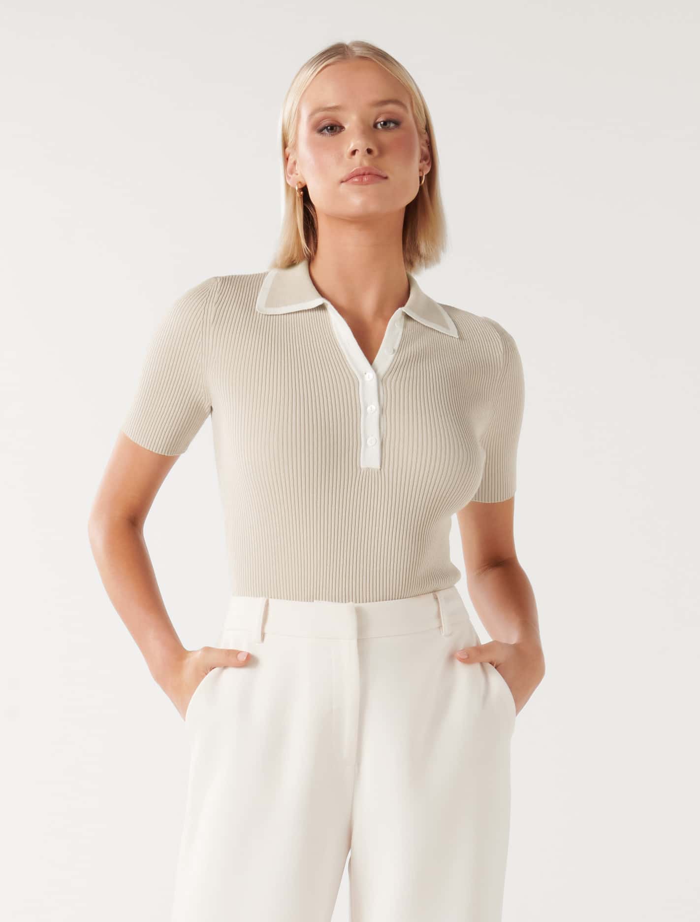 Jo Collar Knit Polo Sand / Porcelain