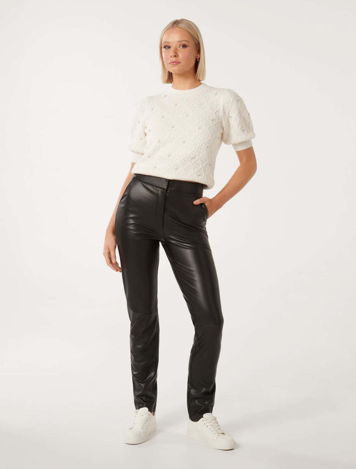 Sierra Embellished Sleeve Knit Tee Porcelain