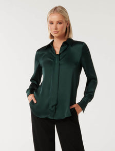 Thea Tie Neck Satin Shirt Dark Green