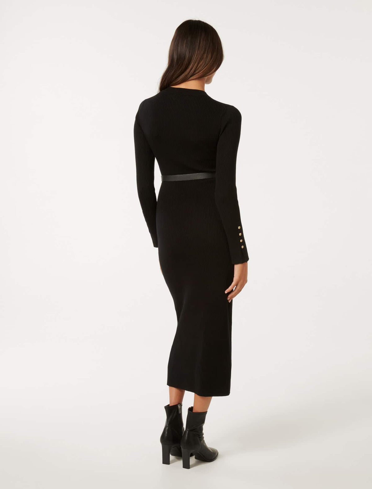 Hannah Petite Belted Midi Knit Dress Black