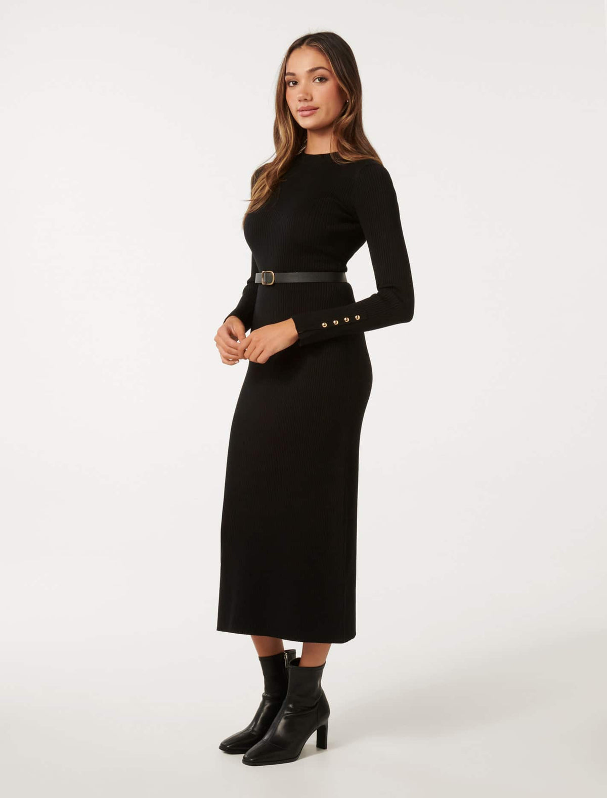 Hannah Petite Belted Midi Knit Dress Black