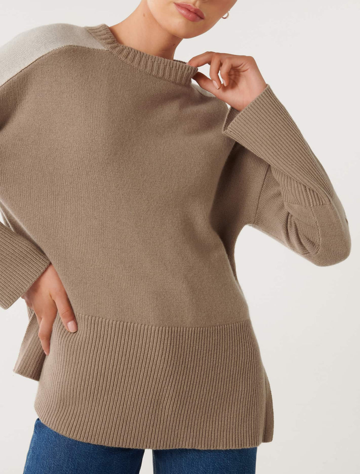 Bianca Relaxed Longline Crew Neck Mushroom/ Stone Colour Block
