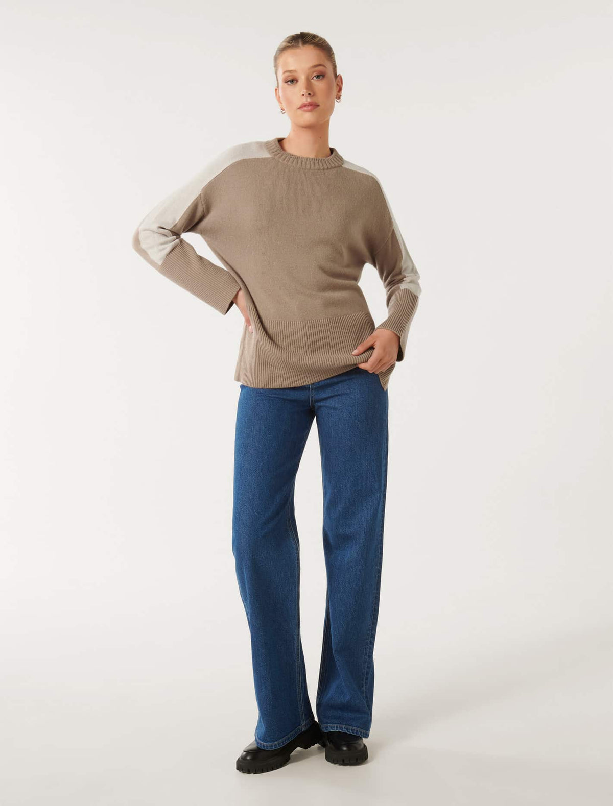 Bianca Relaxed Longline Crew Neck Mushroom/ Stone Colour Block