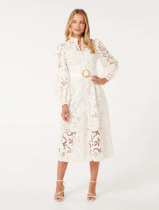 Victoria Broderie Midi Dress Porcelain