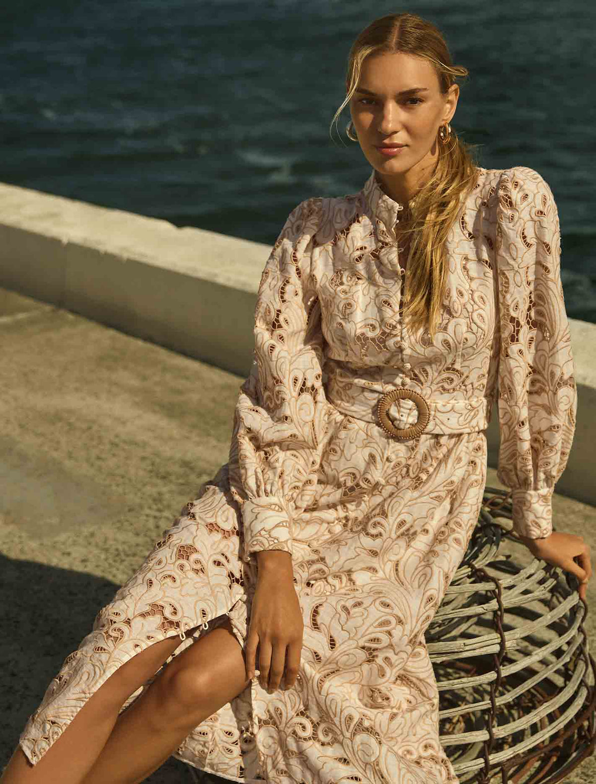 Fifi Broderie Long Sleeve Midi Dress Porcelain and Tan Broderie