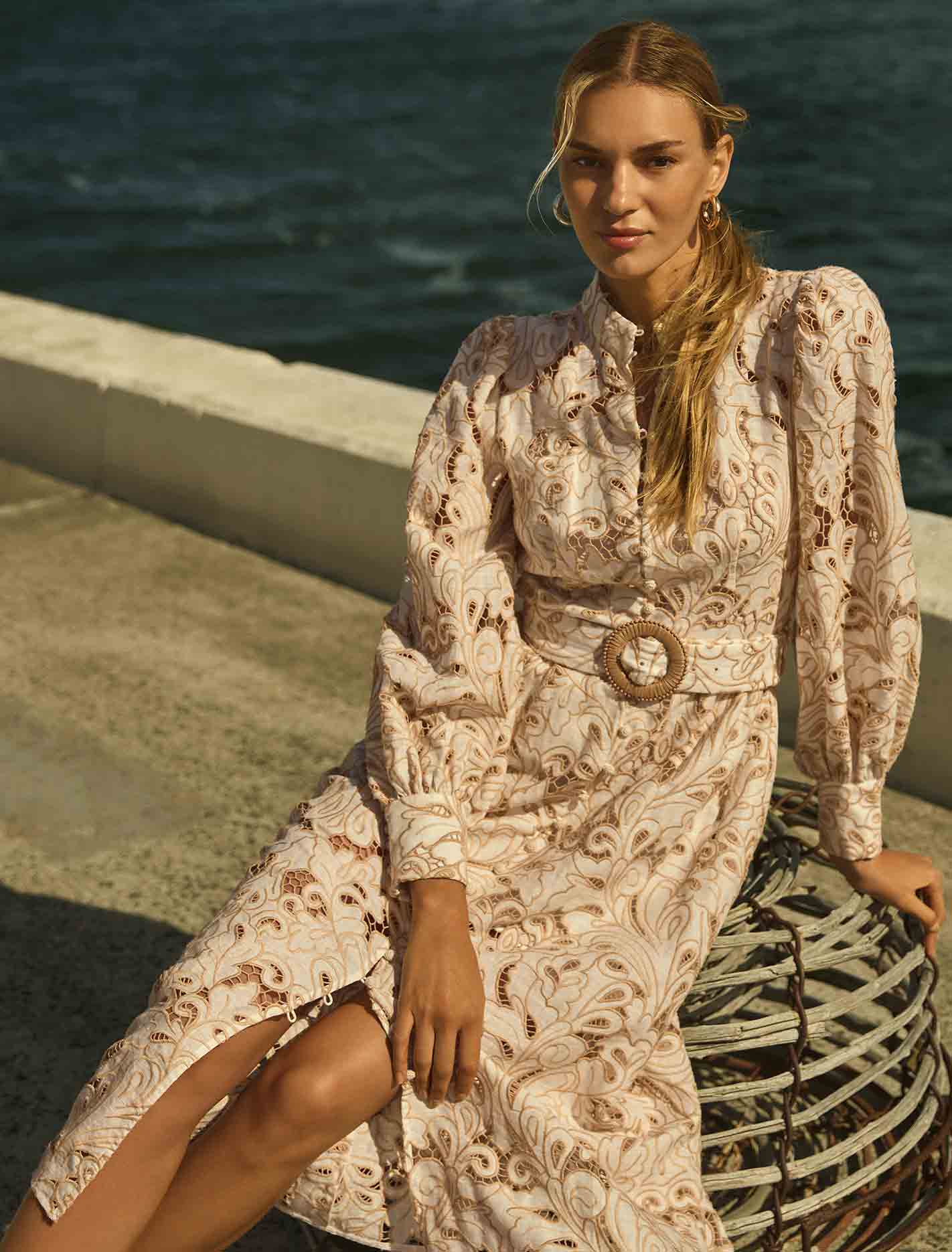 Fifi Broderie Long Sleeve Midi Dress Porcelain and Tan Broderie