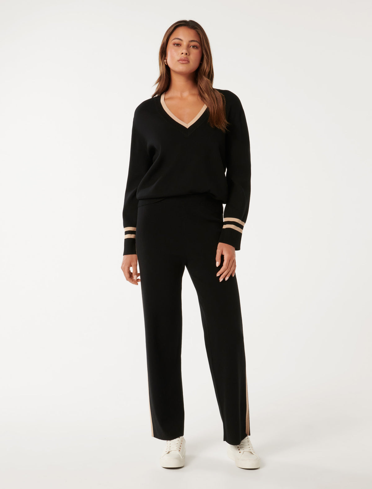 Hattie V Neck Co-Ord Knit Jumper Black and Neutral