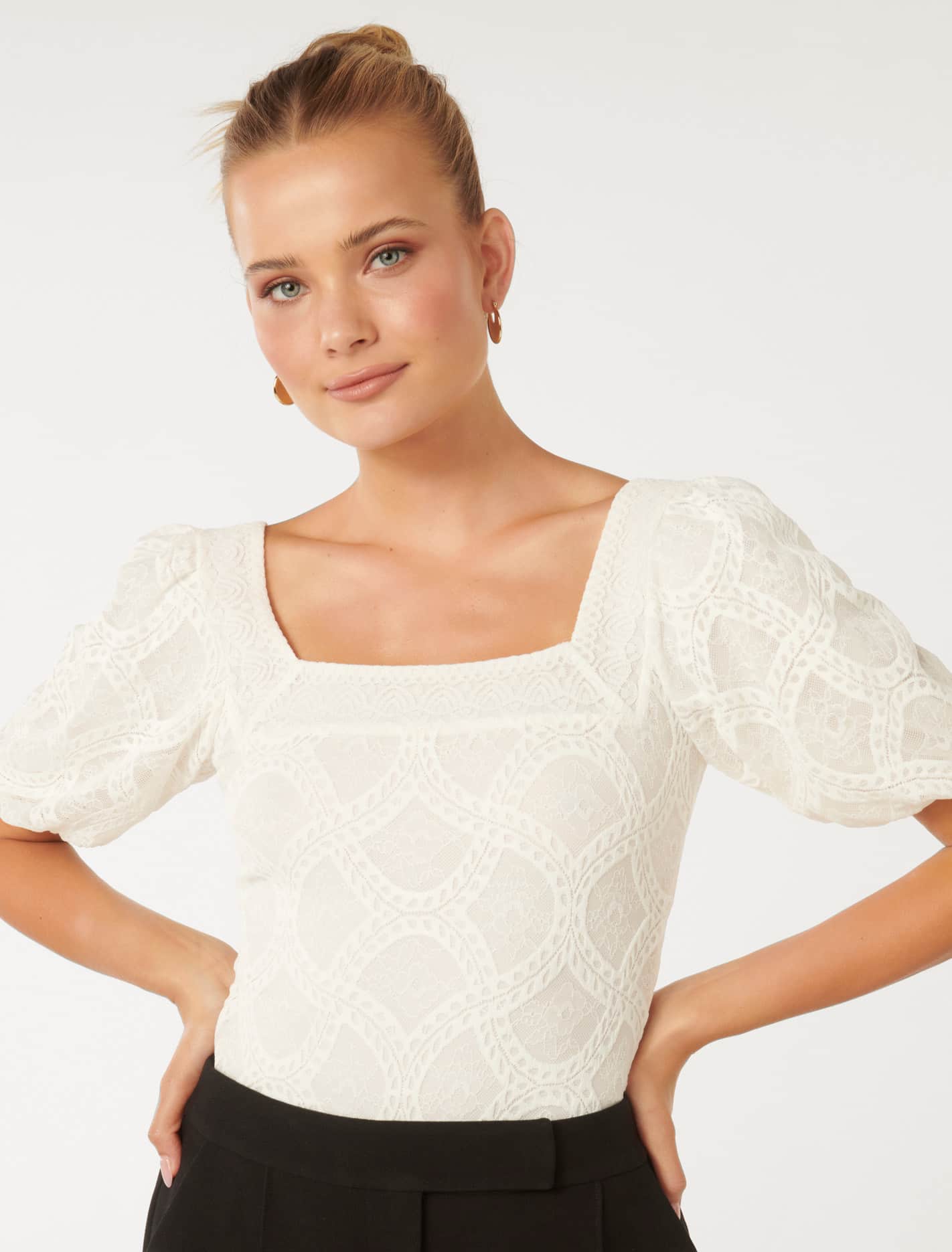 Rosemary Lace Square Neck Top Porcelain