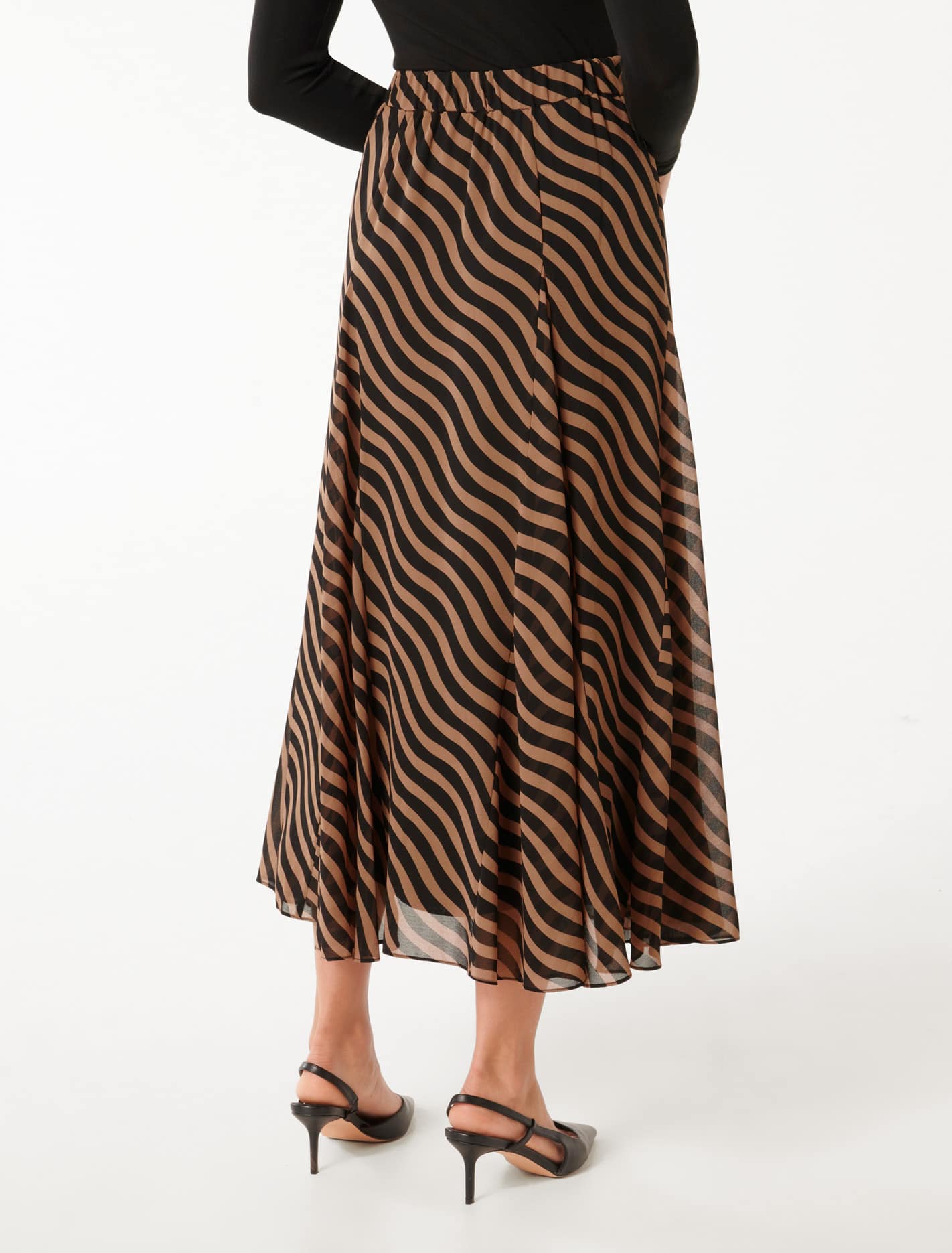 Donna Godet Midi Skirt Tan Waved Stripe