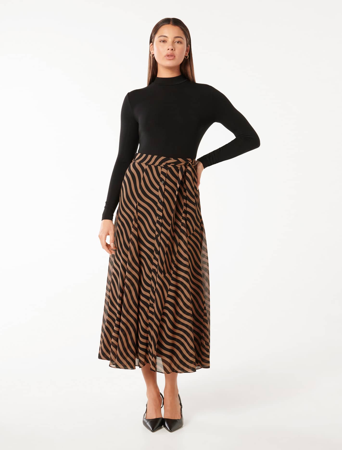Donna Godet Midi Skirt Tan Waved Stripe