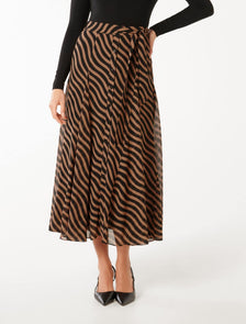 Donna Godet Midi Skirt Tan Waved Stripe