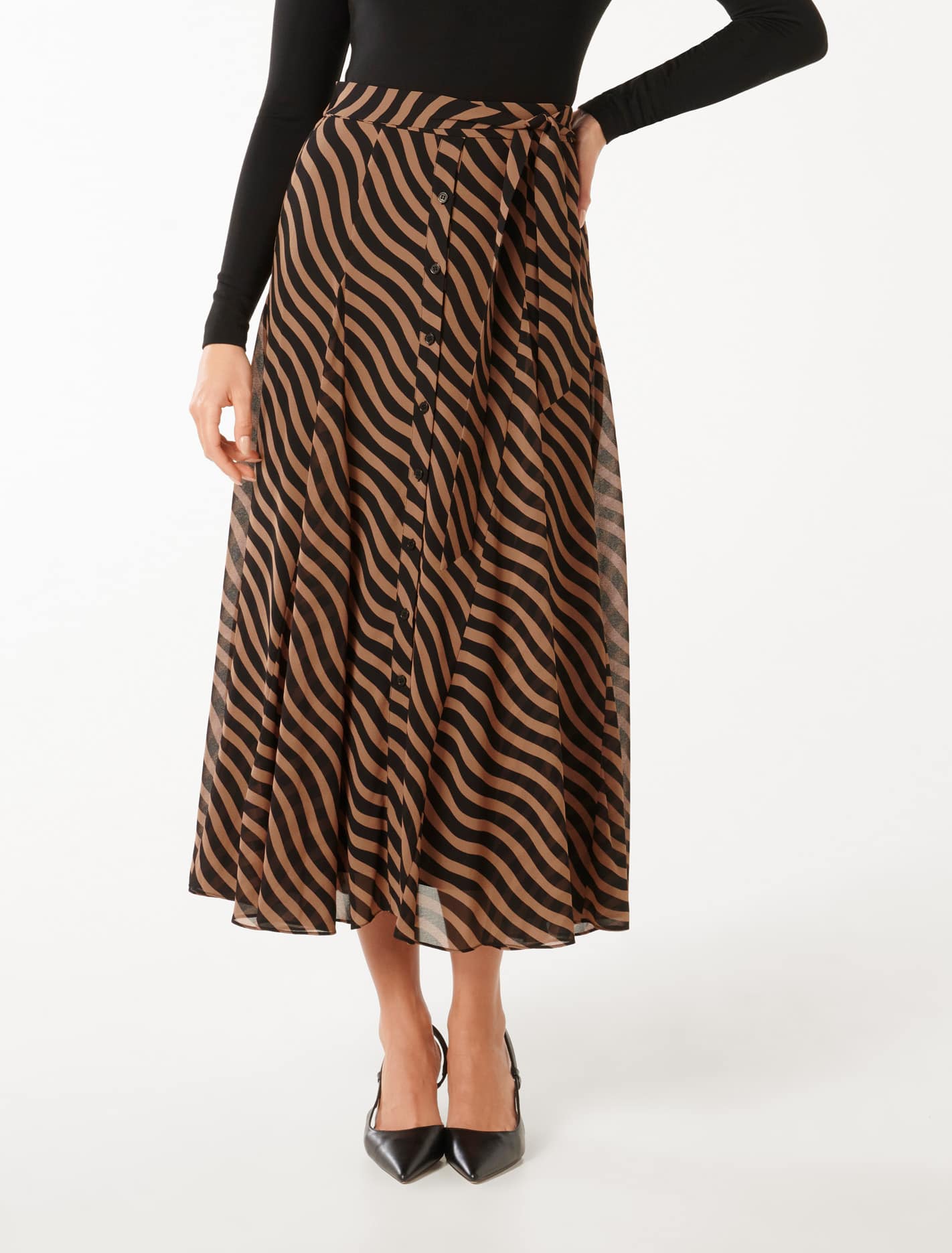 Donna Godet Midi Skirt Tan Waved Stripe