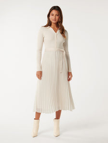Molly Pleat Hem Polo Collar Knit Dress Cream