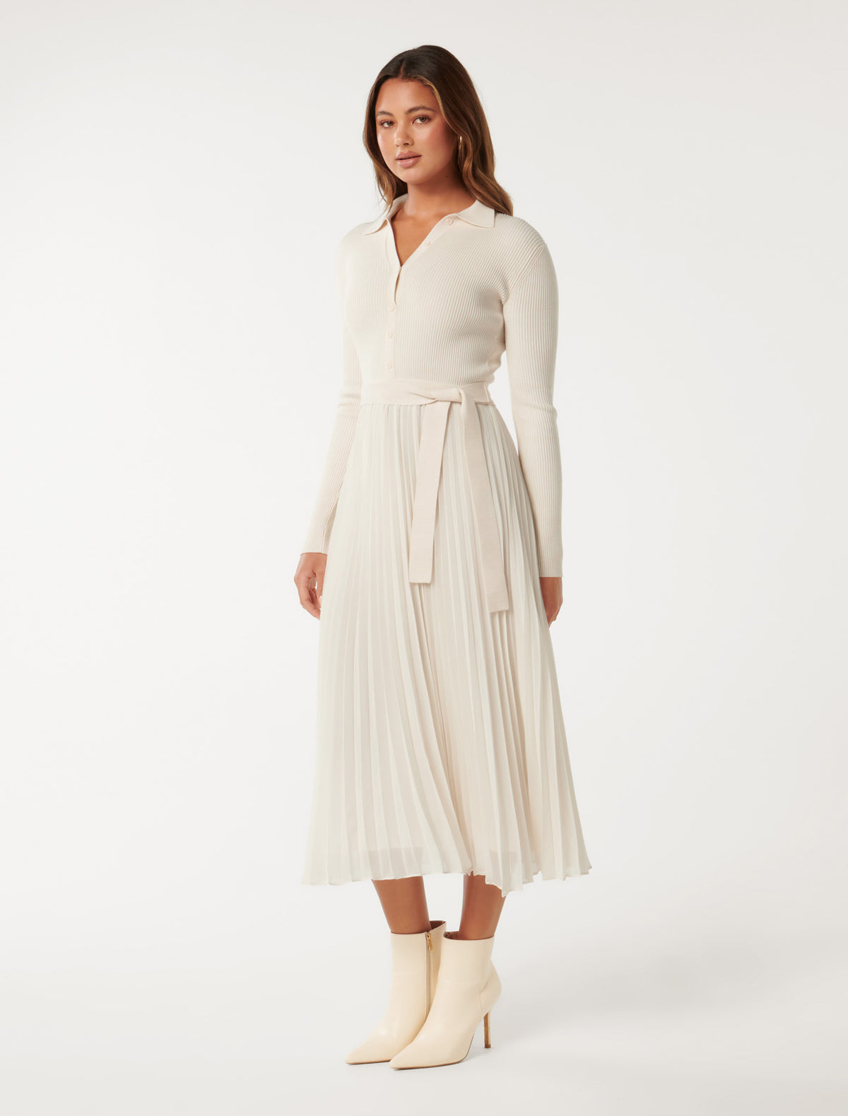Molly Pleat Hem Polo Collar Knit Dress Cream
