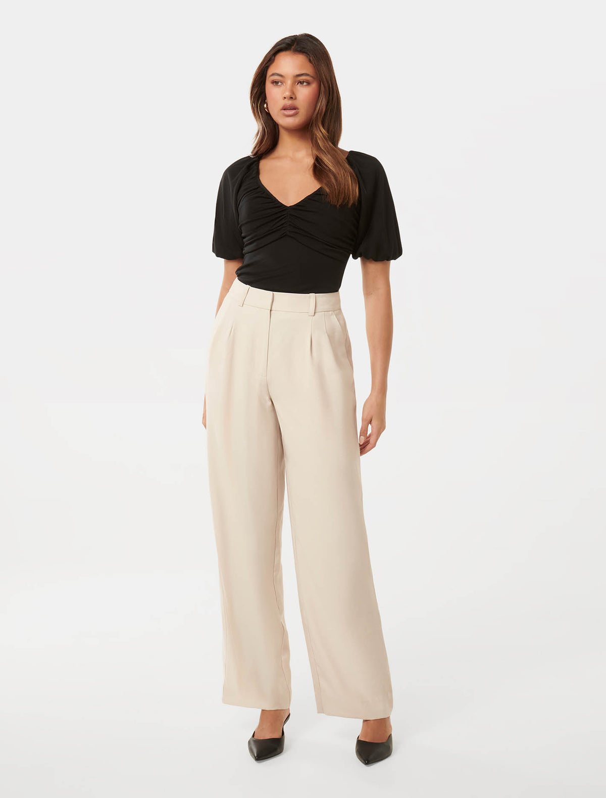 Desiree Ruched V Neck Raglan Top Black