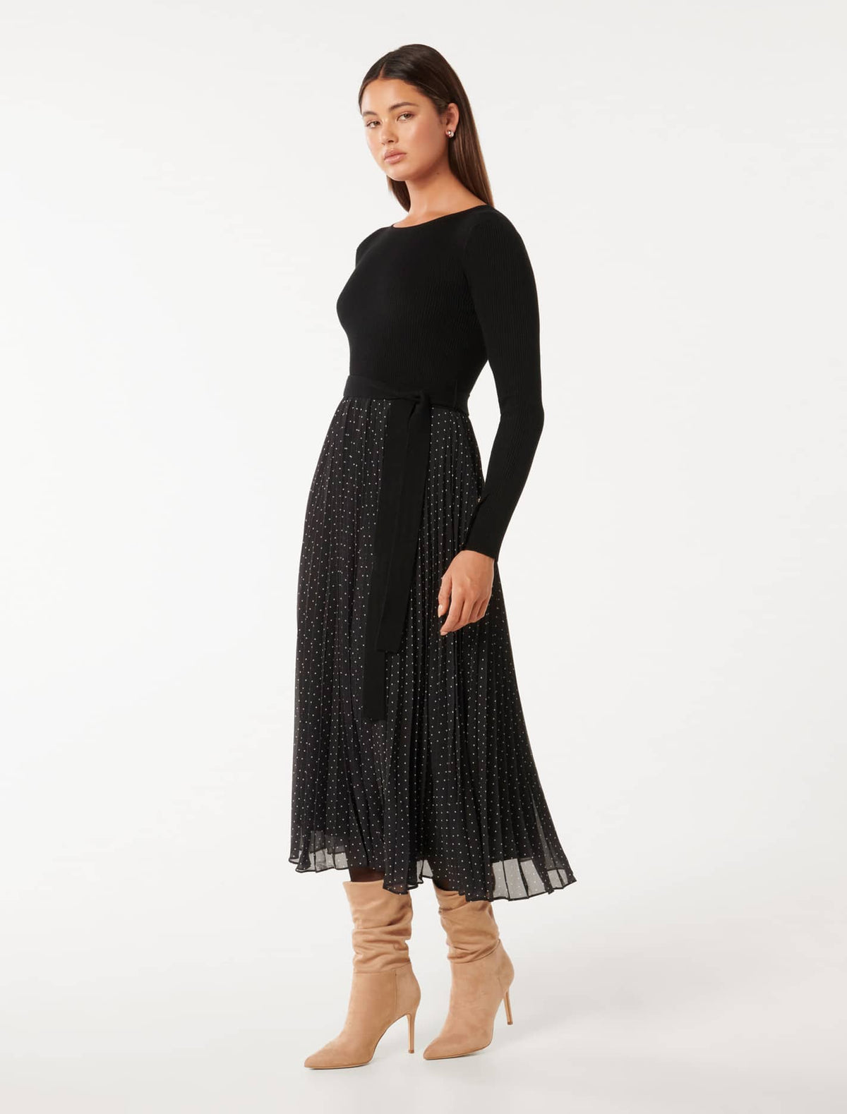 Finley Polka Dot Pleat Hem Knit Dress Black