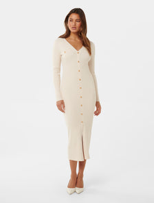 Karlie V Neck Knitted Midi Dress Cream