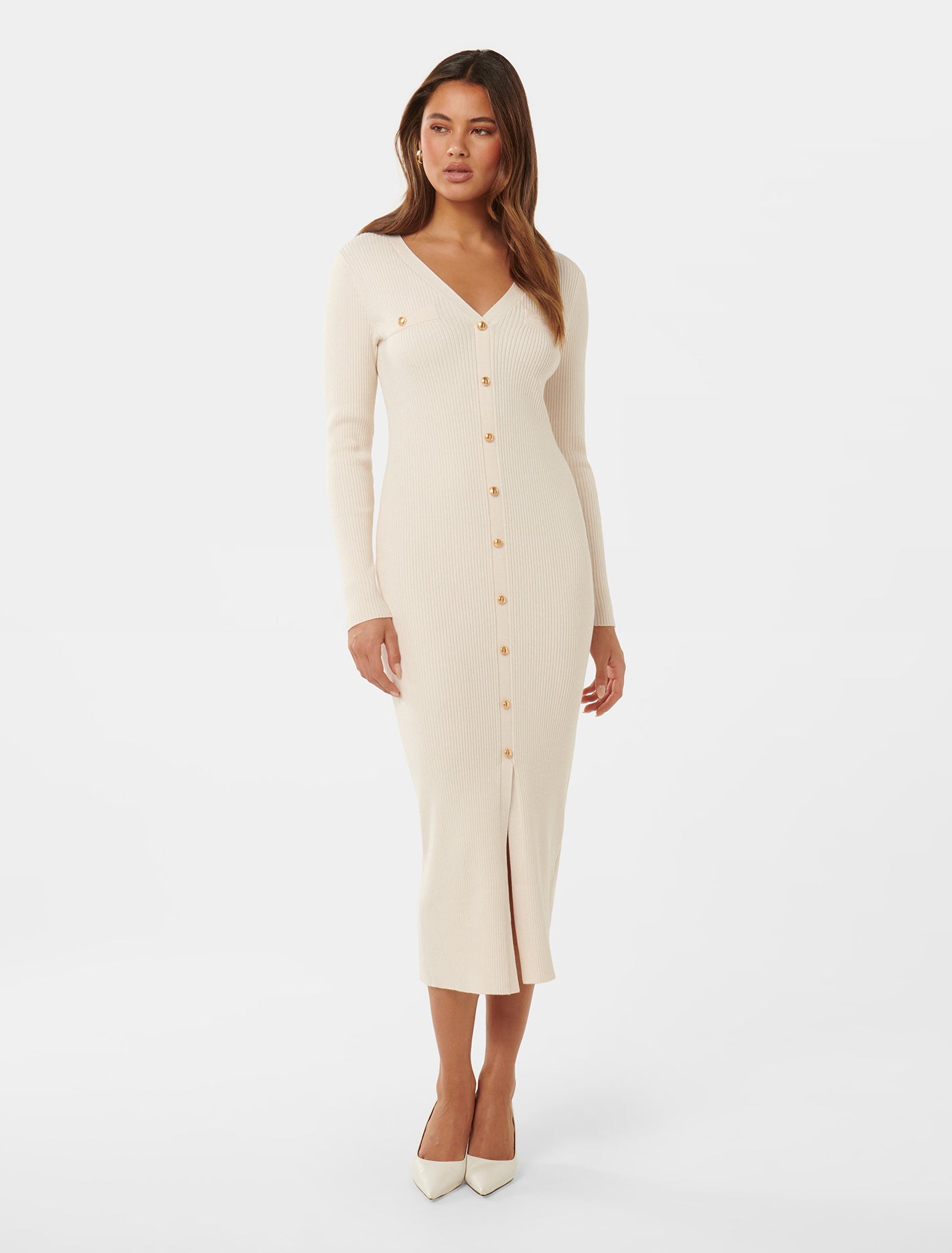 Karlie V Neck Knitted Midi Dress Cream