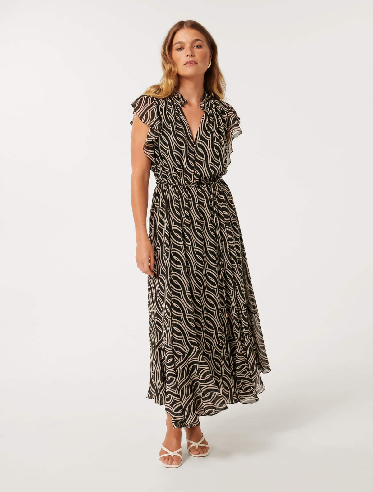 Maxine Petite Ruffle Sleeve Midi Bedford Geo