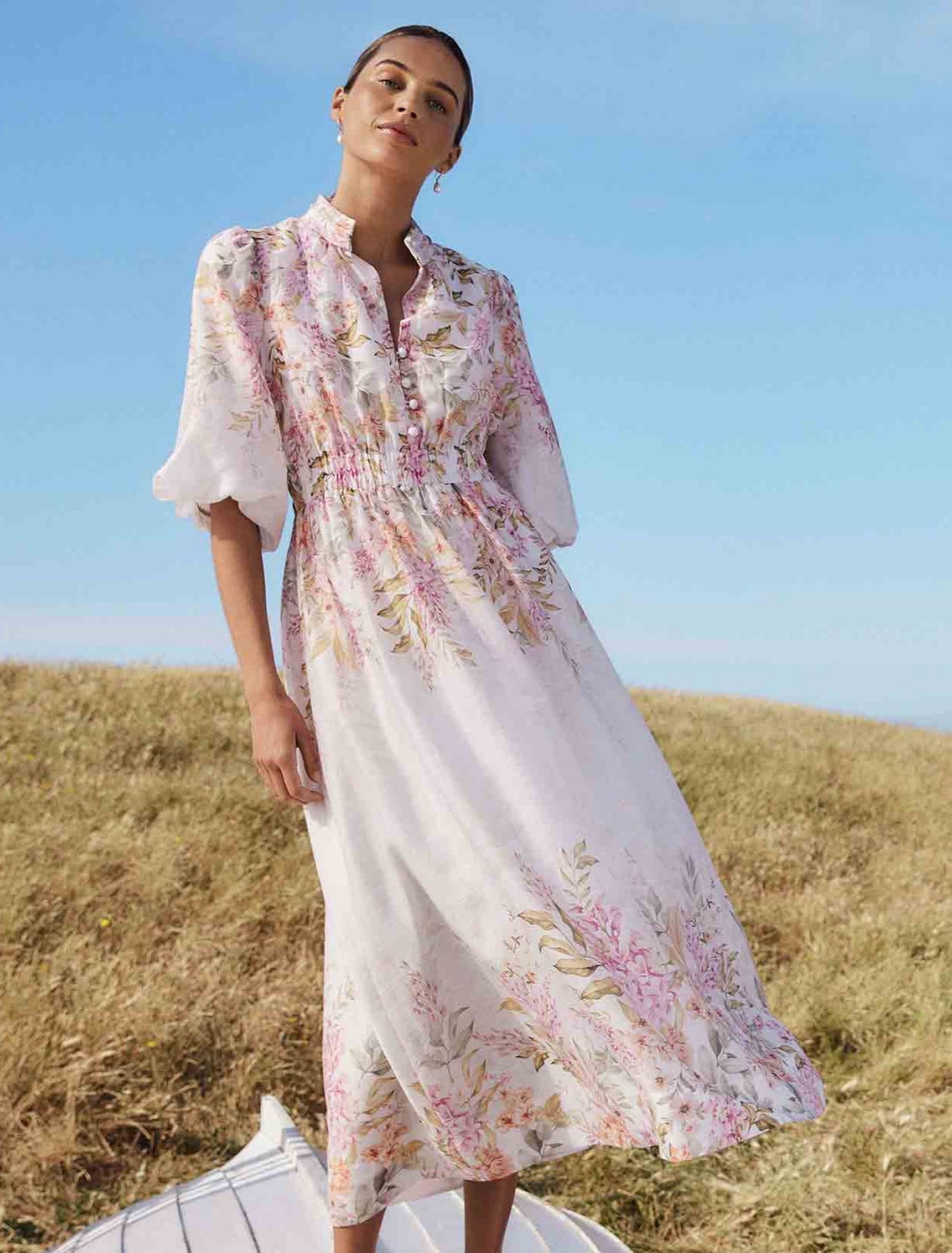 Ivy Printed Puff Sleeve Midi Dress Conifer Floral