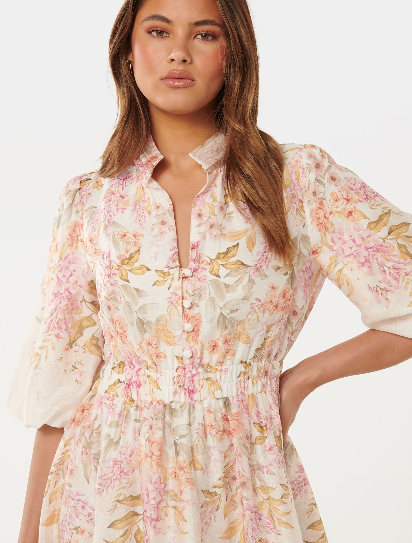 Ivy Printed Puff Sleeve Midi Dress Conifer Floral
