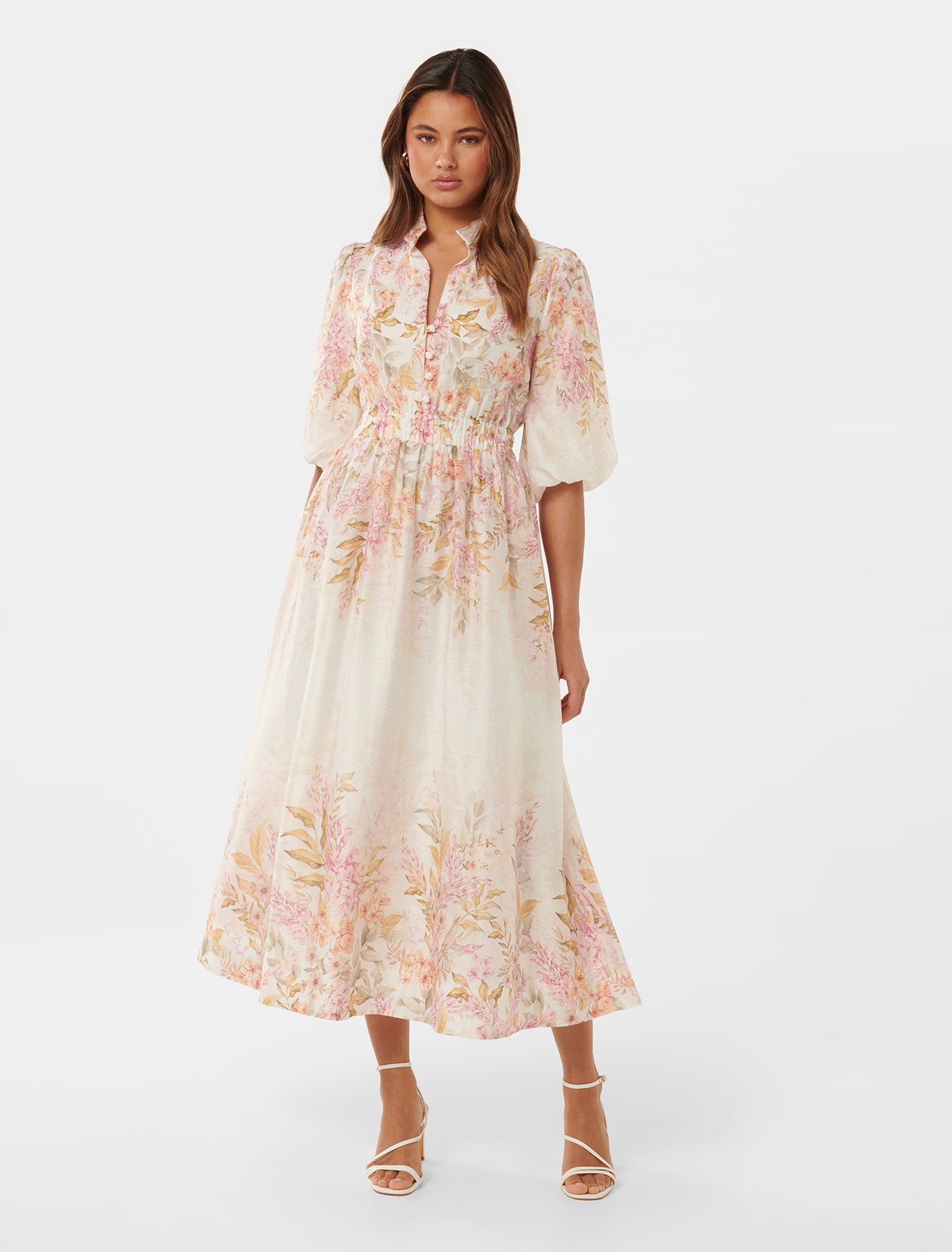 Ivy Printed Puff Sleeve Midi Dress Conifer Floral