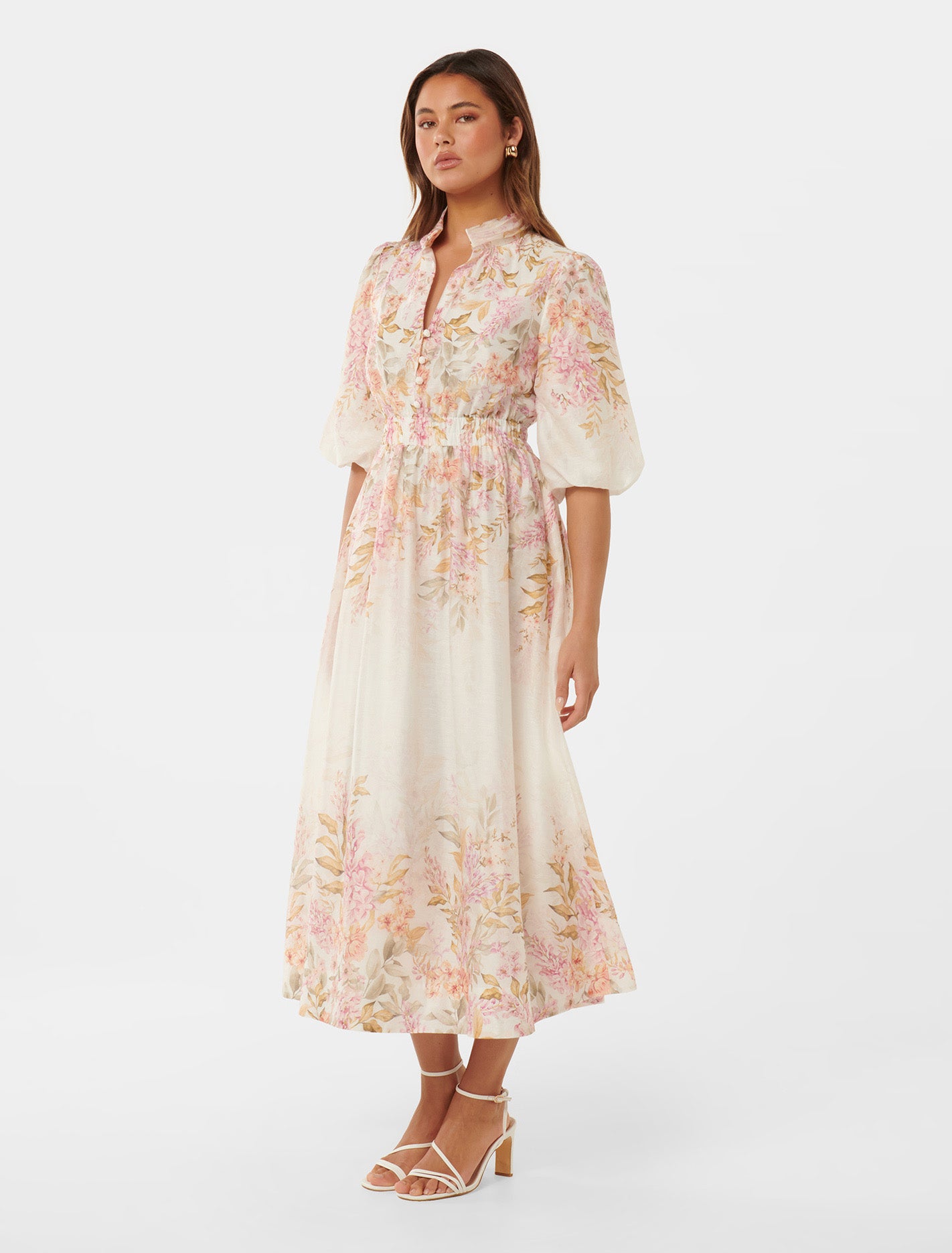 Ivy Printed Puff Sleeve Midi Dress Conifer Floral