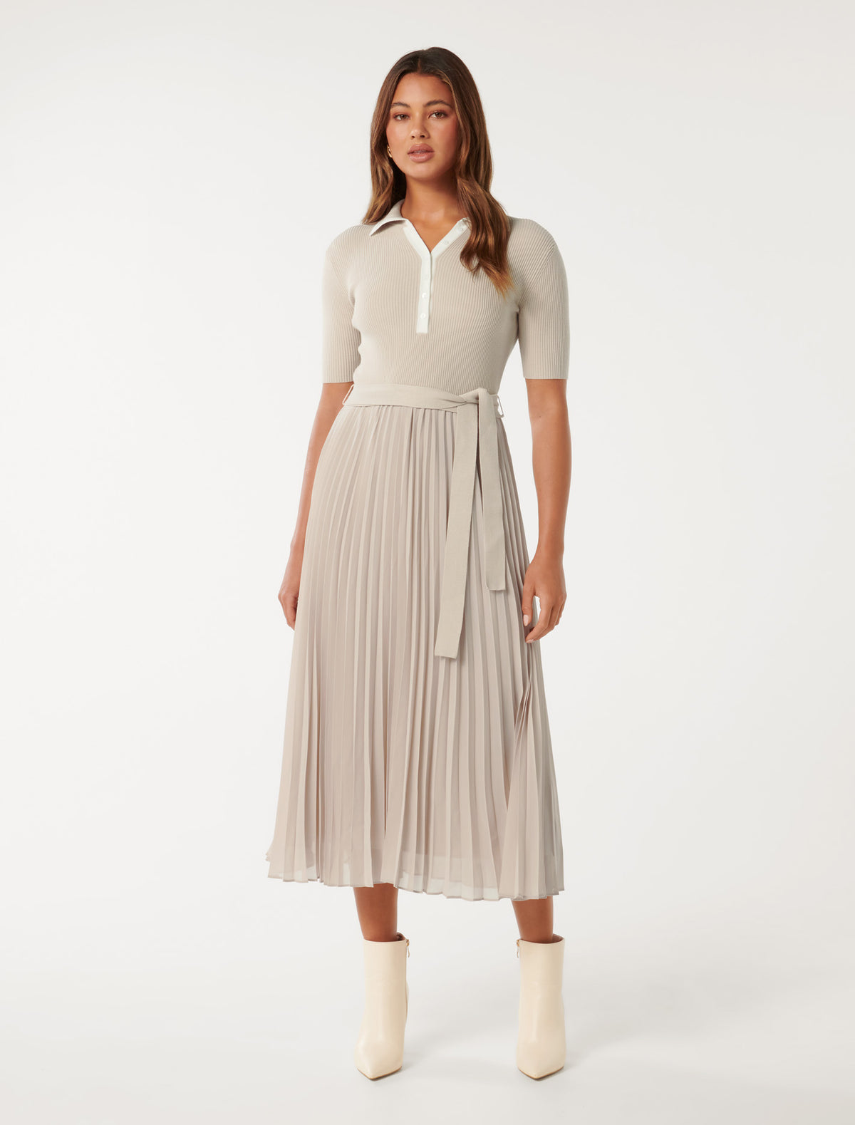 Melody S/S Polo Collar Knit Dress Sand/ Porcelain