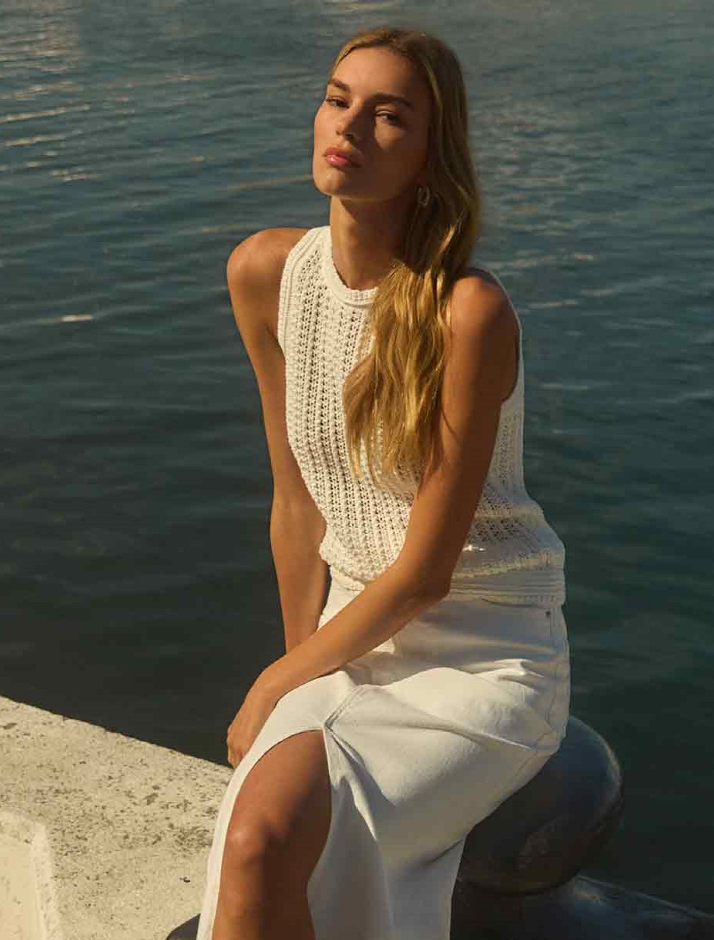 Bailee Crochet Look Racer Top Porcelain