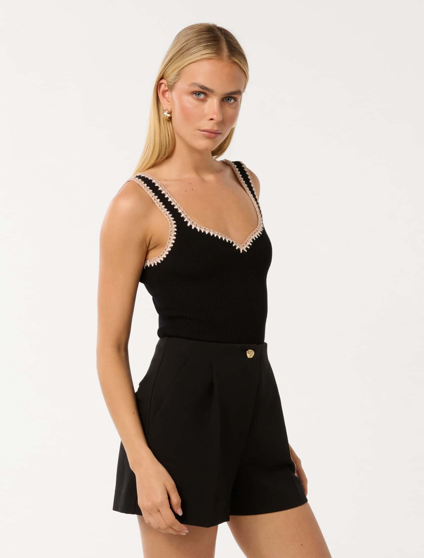 Sofia Crochet Trim Knit Tank Top Black